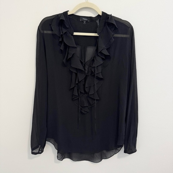 Theory Silk Black Lace Up Ruffle Blouse - Picture 1 of 5